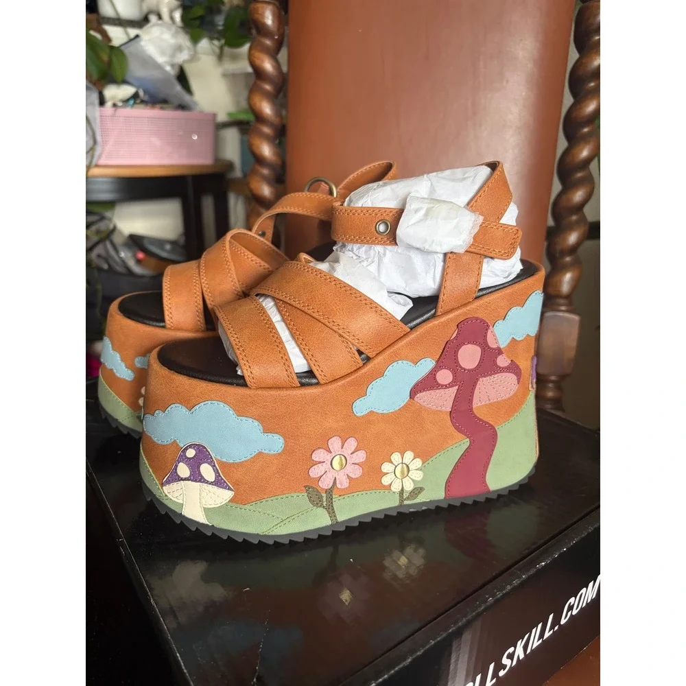 Dolls Kill Sugar Thrillz Magic Meadowland Mushroom Platform Sandals Tan